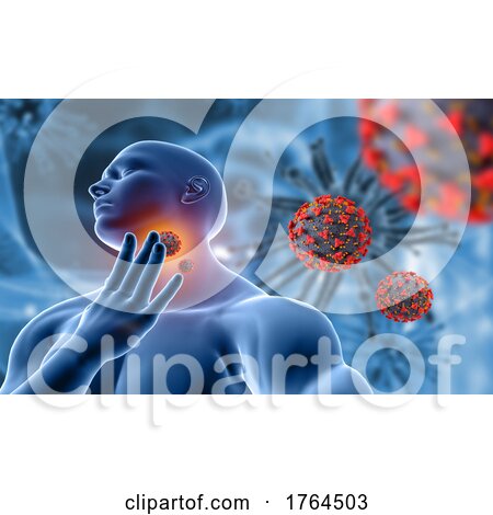 3D Medical Background with Male Figure Holding Throat in Pain with Covid 19 Virus Cells by KJ Pargeter