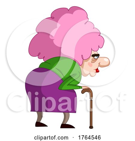 Cartoon Pink Haired Granny Walking with a Cane by yayayoyo