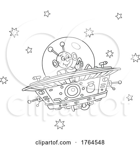 Black and White Cartoon Alien Piloting a UFO by Alex Bannykh