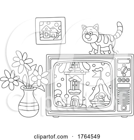 Black and White Cartoon Cat on a Television with a Winter Scene on the Screen by Alex Bannykh