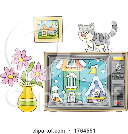 Cartoon Cat on a Television with a Winter Scene on the Screen by Alex Bannykh