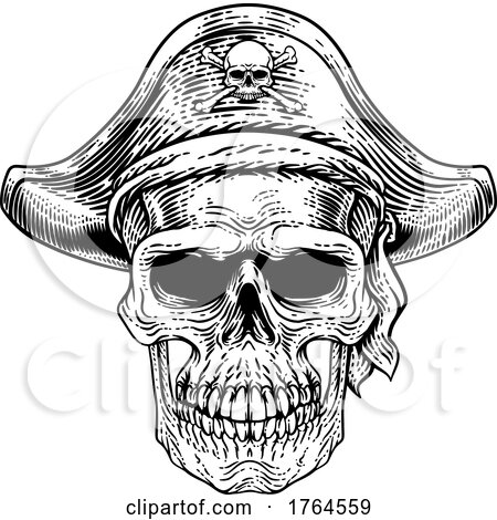 Pirate Skull Skeleton Grim Reaper Mascot Woodcut by AtStockIllustration
