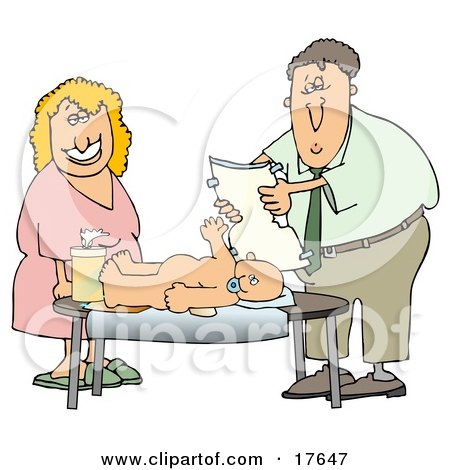 Clipart Illustration of a Grossed Out Father Changing a Baby Diaper While His Wife Laughs by djart