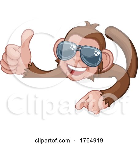 Monkey Sunglasses Thumbs up Pointing Sign Cartoon by AtStockIllustration