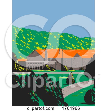 Stone Lodge with Red Roof and Trees in Front During Spring WPA Poster Art by patrimonio