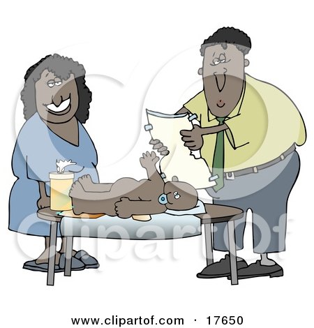Clipart Illustration of a Disgusted Man Changing A Baby Diaper While The Wife And Mother Grins by djart