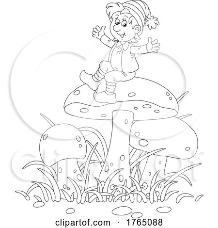 Black and White Cartoon Gnome Sitting on a Mushroom by Alex Bannykh