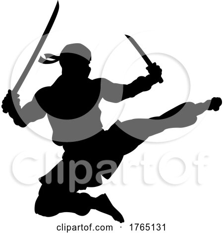 Ninja Flying Kick Man Silhouette by AtStockIllustration