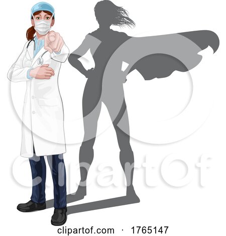Doctor Woman Pointing with Super Hero Shadow by AtStockIllustration