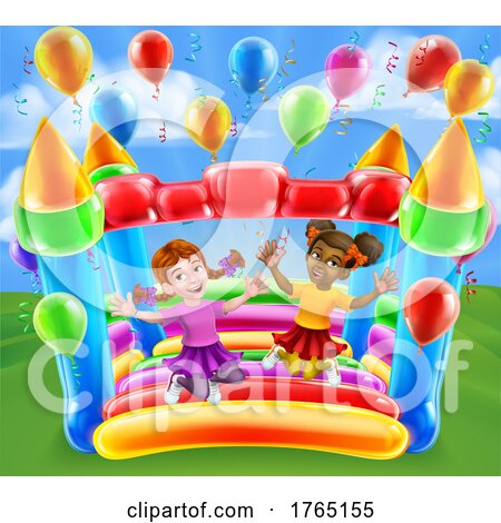 Cartoon Happy Girls Jumping on a Bouncy House Castle in a Park by AtStockIllustration