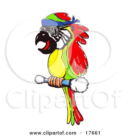 Clipart Illustration of a Colorful Red, Green And Yellow Macaw Parrot Wearing Glasses And Perching On A Stick by Spanky Art