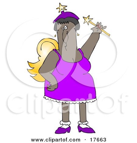 Clipart Illustration of an African American Fairy Godmother Holding a Magic Wand and Wearing Gold Wings and a Purple Dress by djart