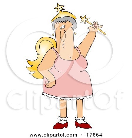 Clipart Illustration of a White Fairy Godmother Holding A Magic Wand And Wearing Gold Wings And A Pink Dress by djart