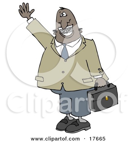 Clipart Illustration of an African American Businessman With Braces, Smiling, Waving and Carrying a Briefcase by djart
