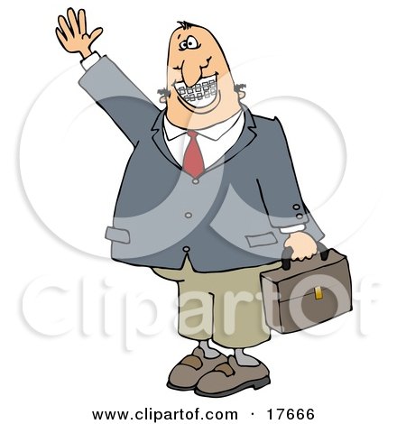 Clipart Illustration of a White Businessman With Braces, Smiling, Waving And Carrying A Briefcase by djart