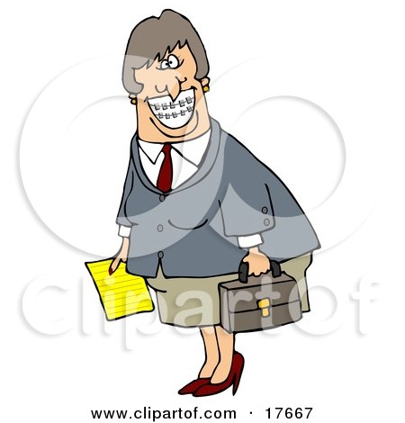 Clipart Illustration of a White Businesswoman With Braces, Smiling And Carrying A Letter And Briefcase by djart