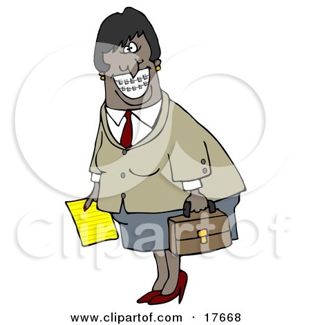 Clipart Illustration of an African American Businesswoman With Braces, Smiling And Carrying A Letter And Briefcase by djart