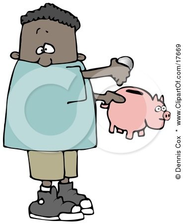 Clipart Illustration of an African American Boy Inserting Change Into A Pink Piggy Bank To Save For Something by djart