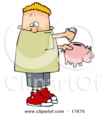 Clipart Illustration of a White Boy Inserting Change Into A Pink Piggy Bank To Save For Something by djart