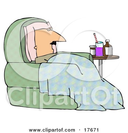 Clipart Illustration of an Ill Bald Middle Aged Caucasian Man Resting His Head Against A Pillow And Lying Under A Blanket In A Green Chair With Medicine On A Table Beside Him by djart