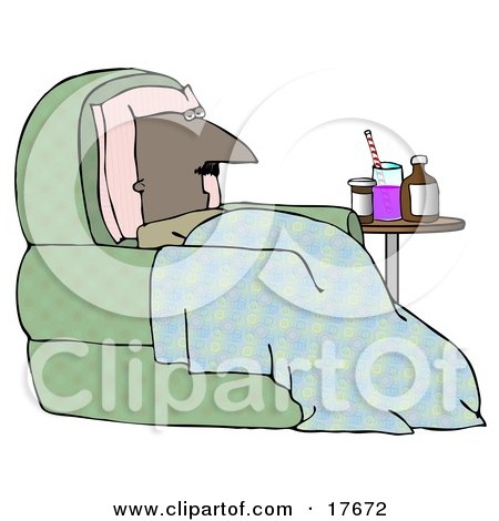 Clipart Illustration of an Ill Bald Middle Aged African American Man Resting His Head Against A Pillow And Lying Under A Blanket In A Green Chair With Medicine On A Table Beside Him by djart