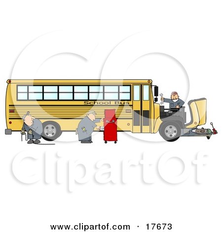 Clipart Illustration of a Team Of Mechanics Working On The Engine Of A Broken Down Yellow School Bus by djart