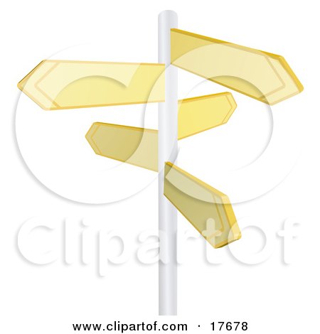 Clipart Illustration of Five Blank Yellow Arrow Shaped Street Signs Pointing In Different Directions On A Pole by AtStockIllustration