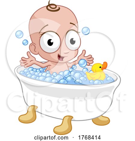Cute Cartoon Baby in Bath Tub with Rubber Ducky by AtStockIllustration