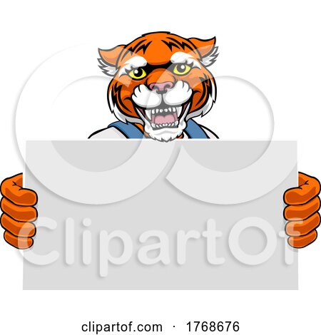 Tiger Cartoon Mascot Handyman Holding Sign by AtStockIllustration