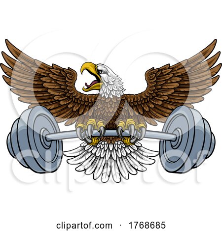 Bald Eagle Hawk Weight Lifting Mascot and Barbell by AtStockIllustration