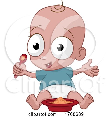 Cute Cartoon Baby Eating Food with Spoon and Bowl by AtStockIllustration
