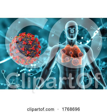 3D Medical Background with Male Figure and Lungs and Covid 19 Virus Cells by KJ Pargeter