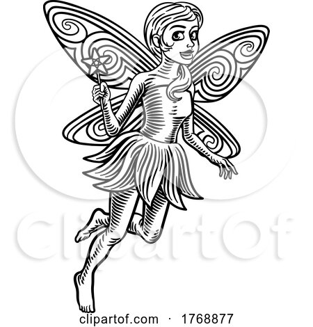 Fairy Vintage Woodcut Art Style Cartoon Mascot by AtStockIllustration