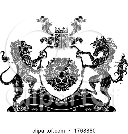 Coat of Arms Horse Lions Crest Shield Family Seal by AtStockIllustration