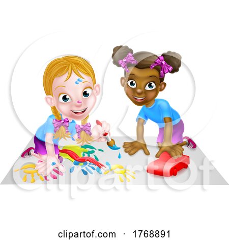 Little Girls Playing with Car and Painting by AtStockIllustration