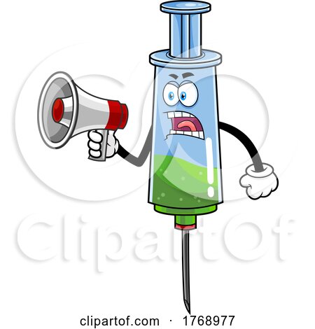 Cartoon Vaccine Syringe Mascot Shouting Through a Megaphone by Hit Toon