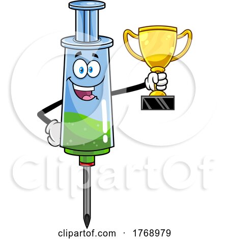 Cartoon Vaccine Syringe Mascot Holding a Trophy by Hit Toon