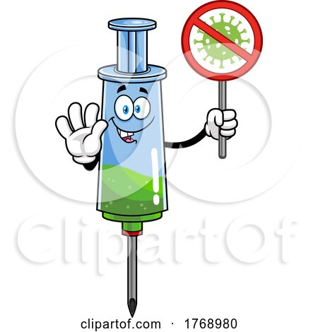 Cartoon Vaccine Syringe Mascot Holding a No Virus Sign by Hit Toon