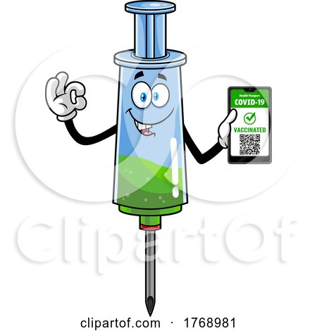 Cartoon Vaccine Syringe Mascot Holding a Passport by Hit Toon