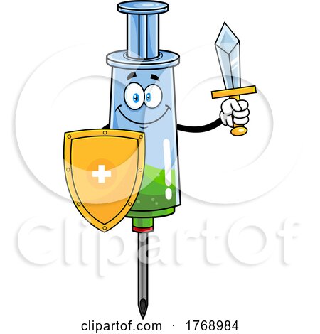 Cartoon Vaccine Syringe Mascot Holding a Shield and Sword by Hit Toon