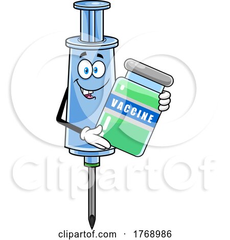 Cartoon Vaccine Syringe Mascot Holding a Vial by Hit Toon