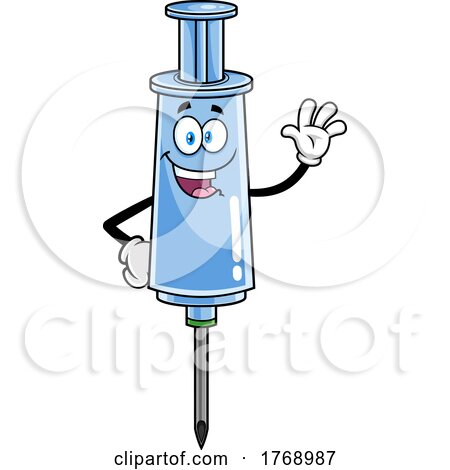 Cartoon Vaccine Syringe Mascot Waving by Hit Toon