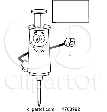Cartoon Black and White Vaccine Syringe Mascot Holding a Sign by Hit Toon