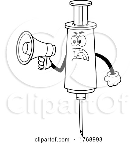 Cartoon Black and White Vaccine Syringe Mascot Shouting Through a Megaphone by Hit Toon