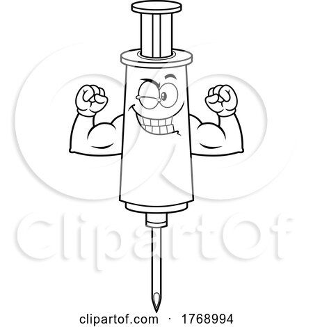 Cartoon Black and White Vaccine Syringe Mascot Flexing by Hit Toon
