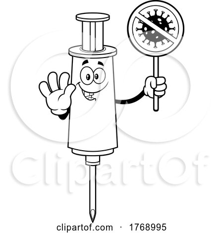 Cartoon Black and White Vaccine Syringe Mascot Holding a No Virus Sign by Hit Toon