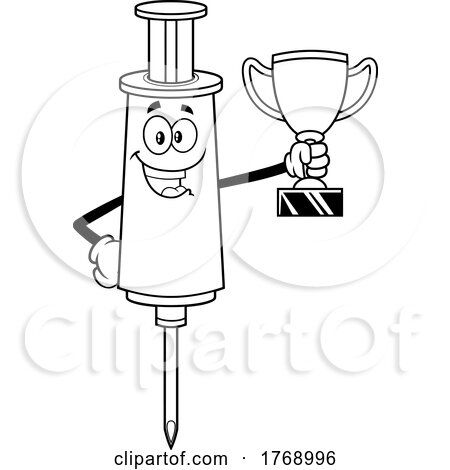 Cartoon Black and White Vaccine Syringe Mascot Holding a Trophy by Hit Toon