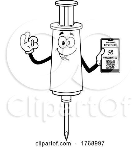 Cartoon Black and White Vaccine Syringe Mascot Holding a Passport by Hit Toon