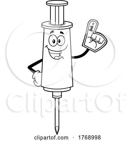 Cartoon Black and White Vaccine Syringe Mascot Fan Wearing a Foam Finger by Hit Toon