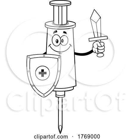 Cartoon Black and White Vaccine Syringe Mascot Holding a Shield and Sword by Hit Toon